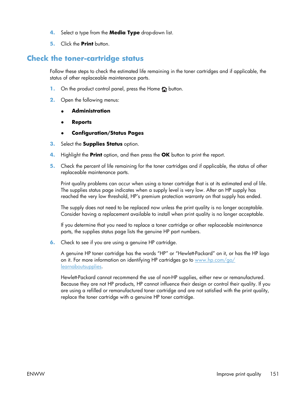 Check the toner-cartridge status | HP LaserJet Enterprise 700 Printer M712 series User Manual | Page 161 / 186