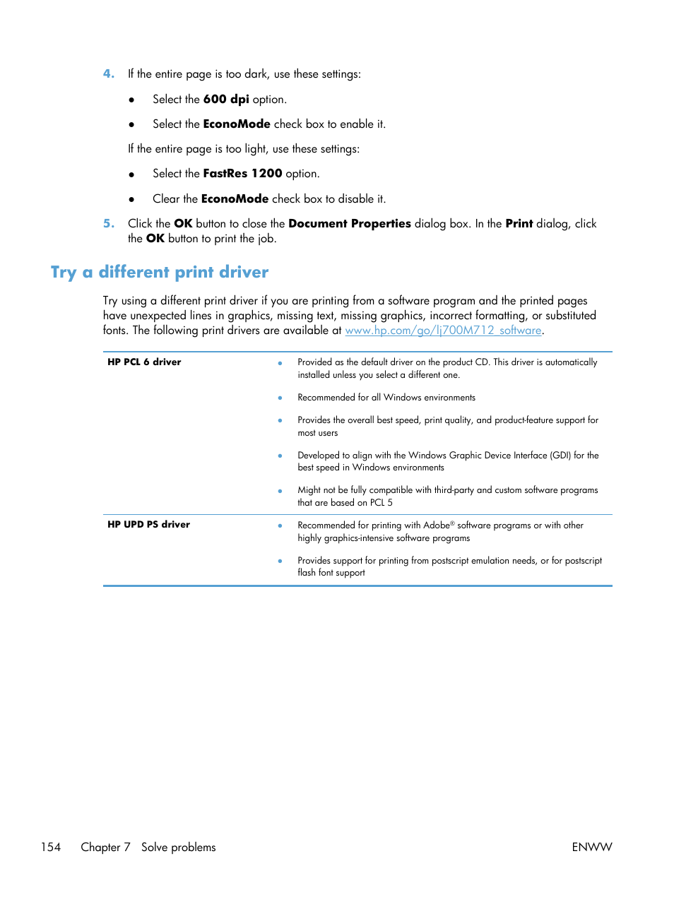 Try a different print driver | HP LaserJet Enterprise 700 Printer M712 series User Manual | Page 164 / 186