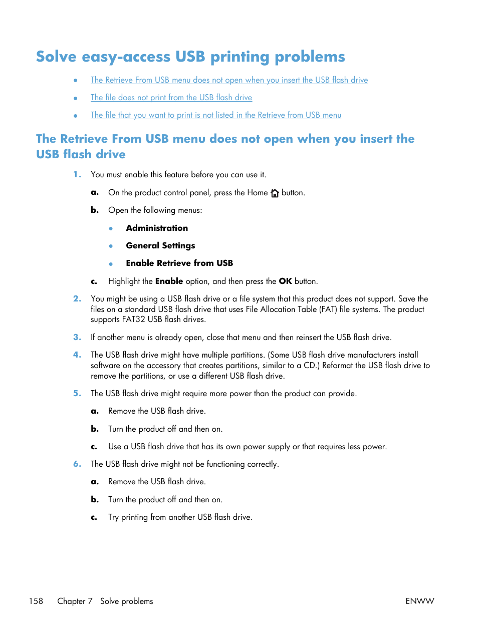 Solve easy-access usb printing problems | HP LaserJet Enterprise 700 Printer M712 series User Manual | Page 168 / 186