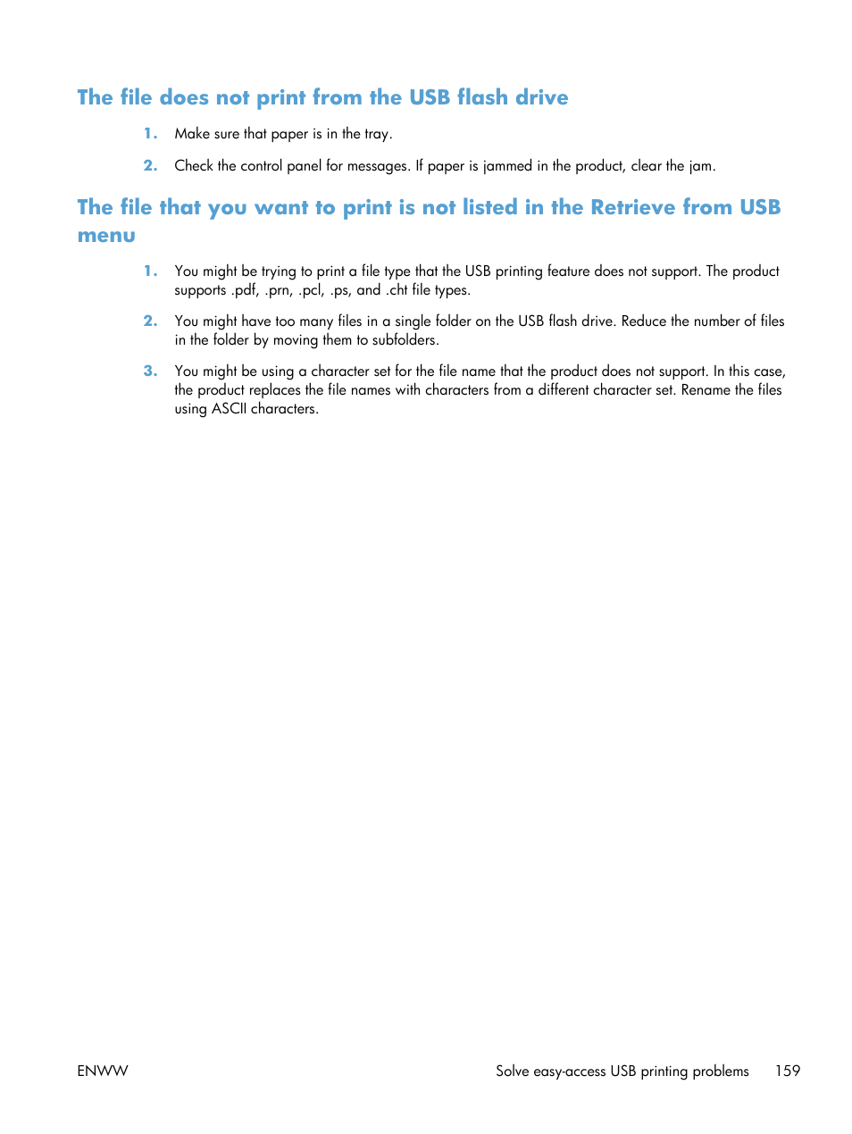 The file does not print from the usb flash drive | HP LaserJet Enterprise 700 Printer M712 series User Manual | Page 169 / 186