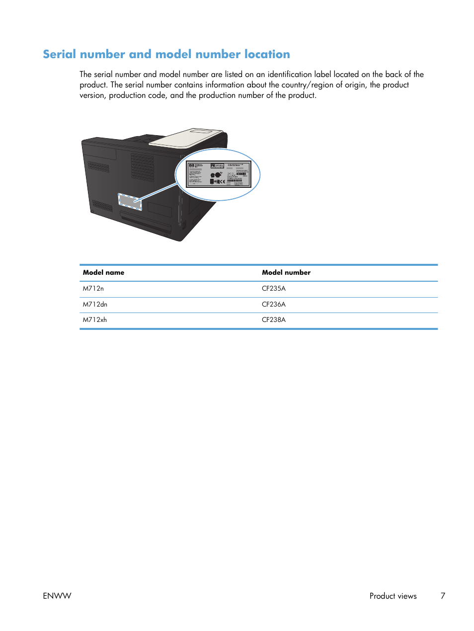 Serial number and model number location | HP LaserJet Enterprise 700 Printer M712 series User Manual | Page 17 / 186