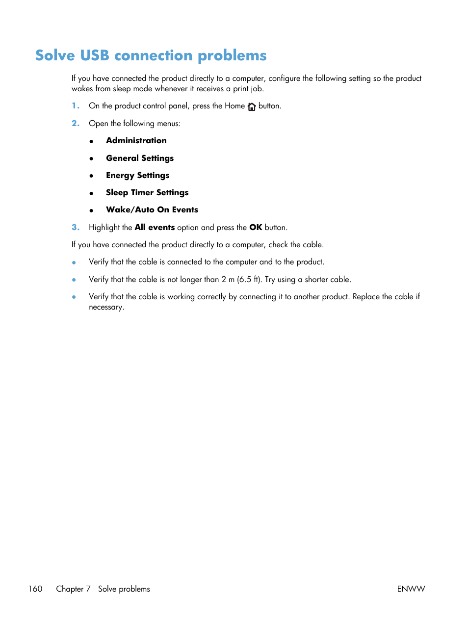 Solve usb connection problems | HP LaserJet Enterprise 700 Printer M712 series User Manual | Page 170 / 186