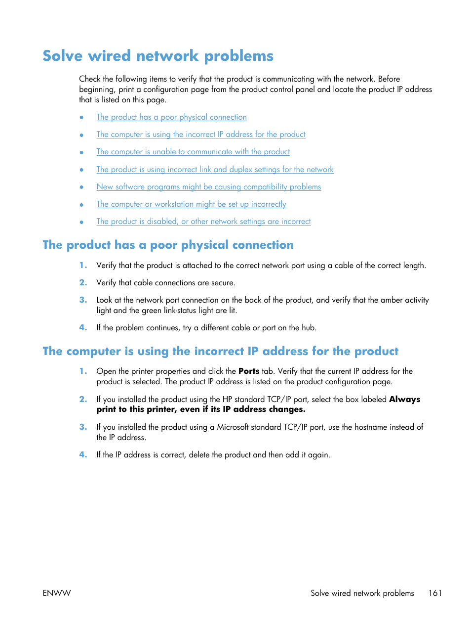 Solve wired network problems, The product has a poor physical connection | HP LaserJet Enterprise 700 Printer M712 series User Manual | Page 171 / 186
