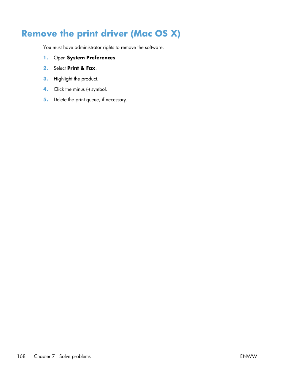 Remove the print driver (mac os x) | HP LaserJet Enterprise 700 Printer M712 series User Manual | Page 178 / 186