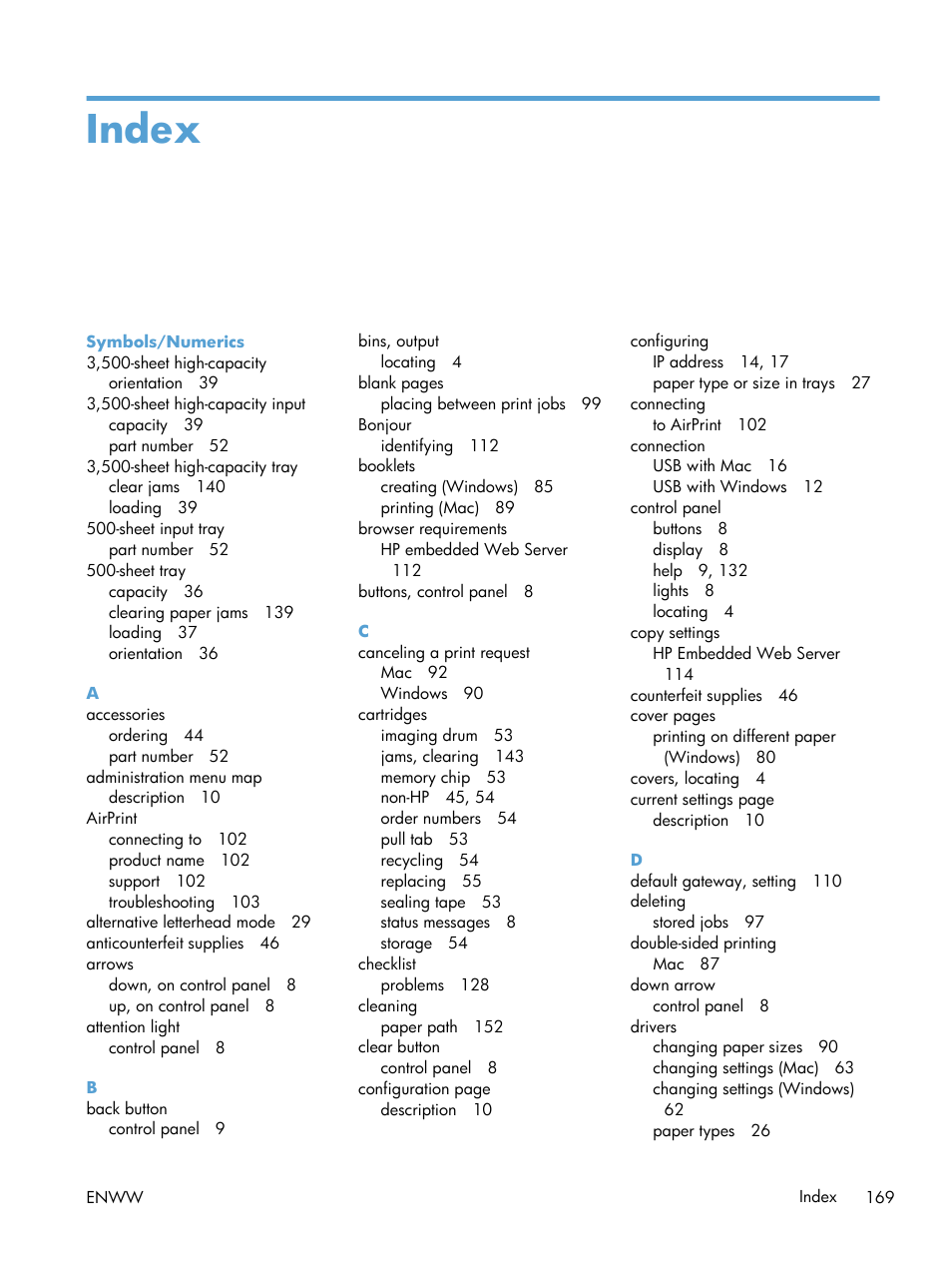 Index | HP LaserJet Enterprise 700 Printer M712 series User Manual | Page 179 / 186