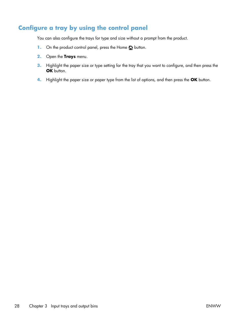 Configure a tray by using the control panel | HP LaserJet Enterprise 700 Printer M712 series User Manual | Page 38 / 186