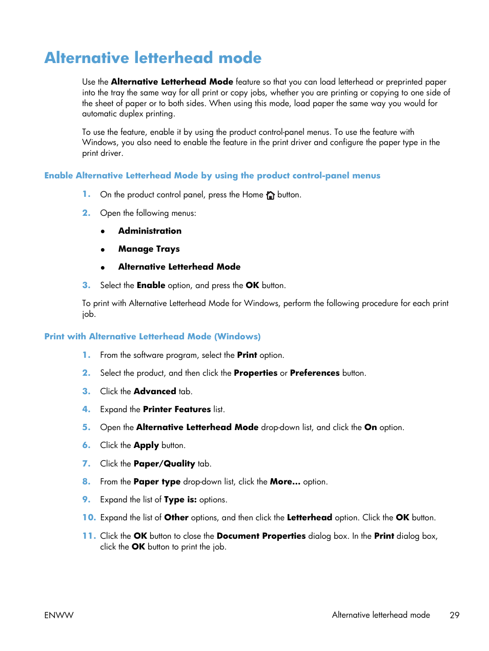 Alternative letterhead mode | HP LaserJet Enterprise 700 Printer M712 series User Manual | Page 39 / 186