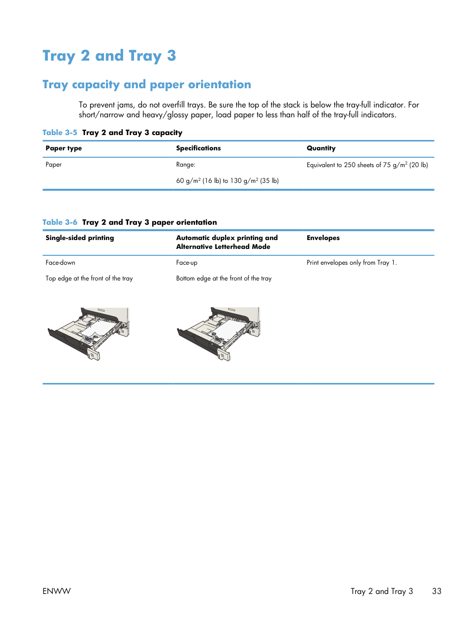 Tray 2 and tray 3, Tray capacity and paper orientation | HP LaserJet Enterprise 700 Printer M712 series User Manual | Page 43 / 186