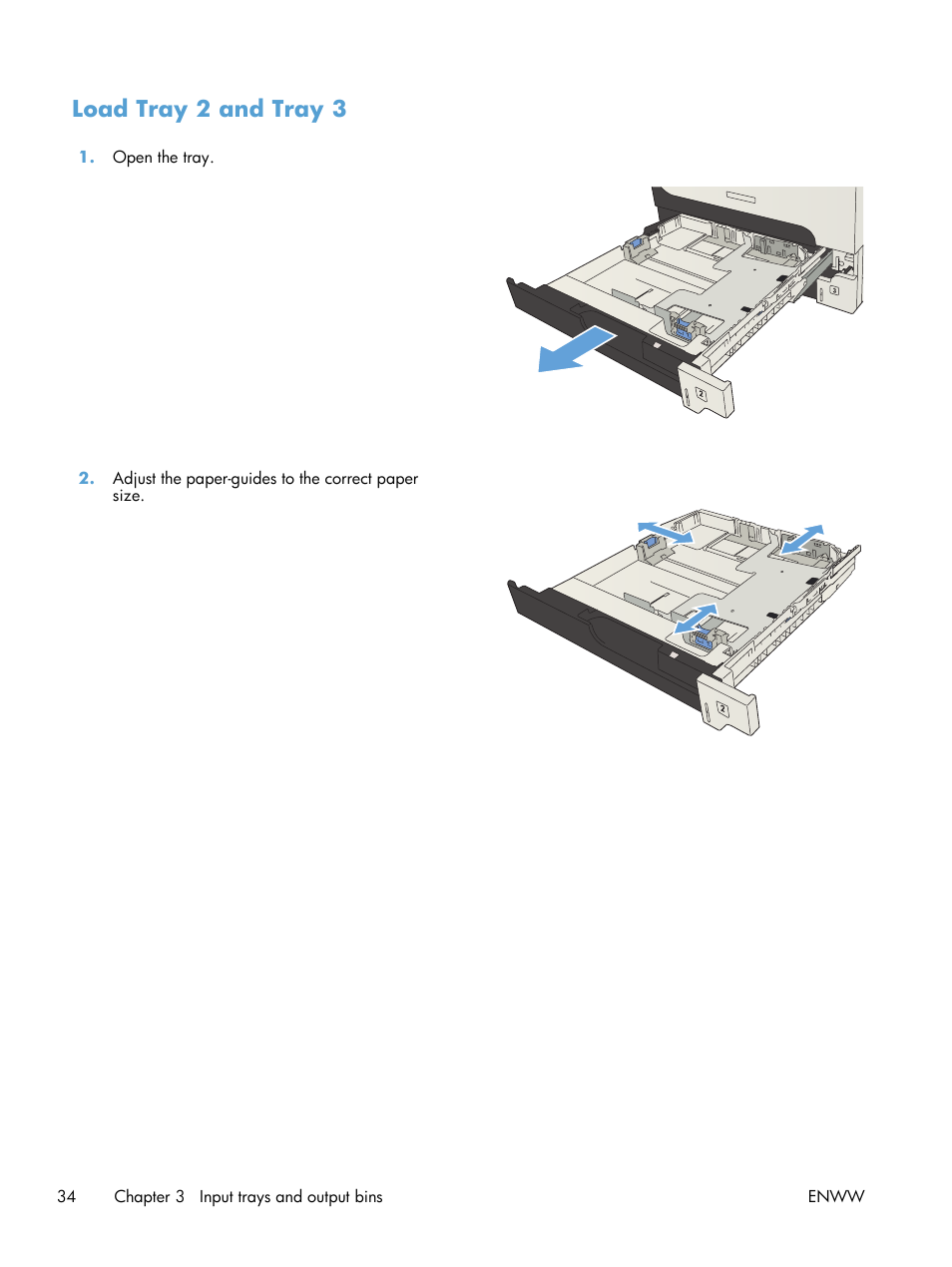 Load tray 2 and tray 3 | HP LaserJet Enterprise 700 Printer M712 series User Manual | Page 44 / 186