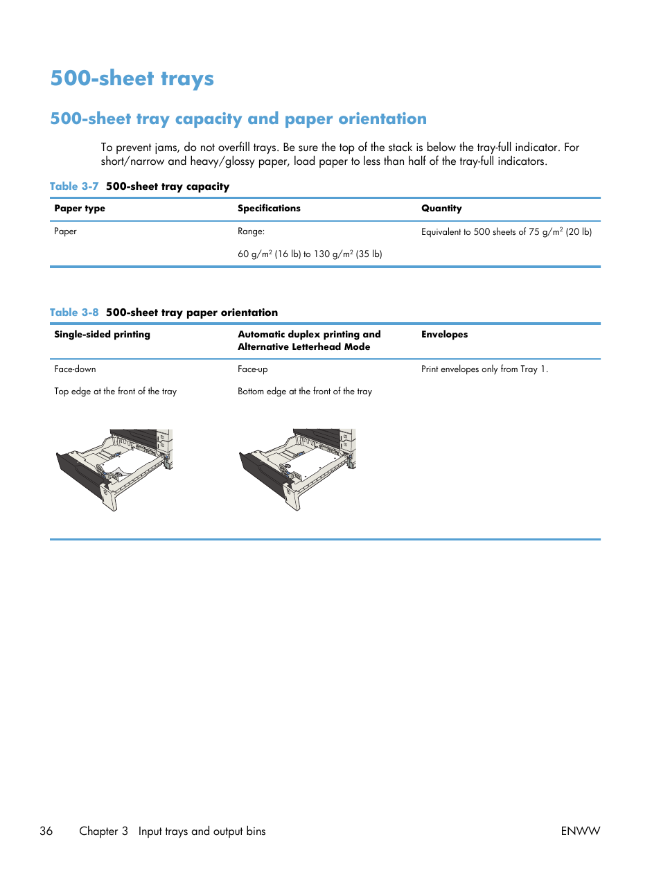 Sheet trays, Sheet tray capacity and paper orientation, 36 chapter 3 input trays and output bins enww | HP LaserJet Enterprise 700 Printer M712 series User Manual | Page 46 / 186