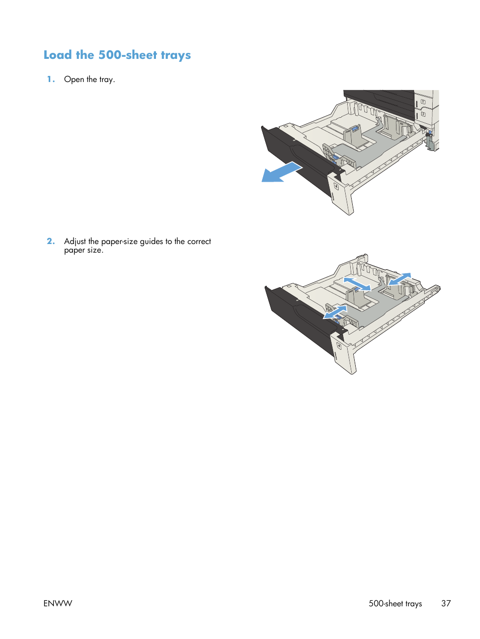 Load the 500-sheet trays | HP LaserJet Enterprise 700 Printer M712 series User Manual | Page 47 / 186