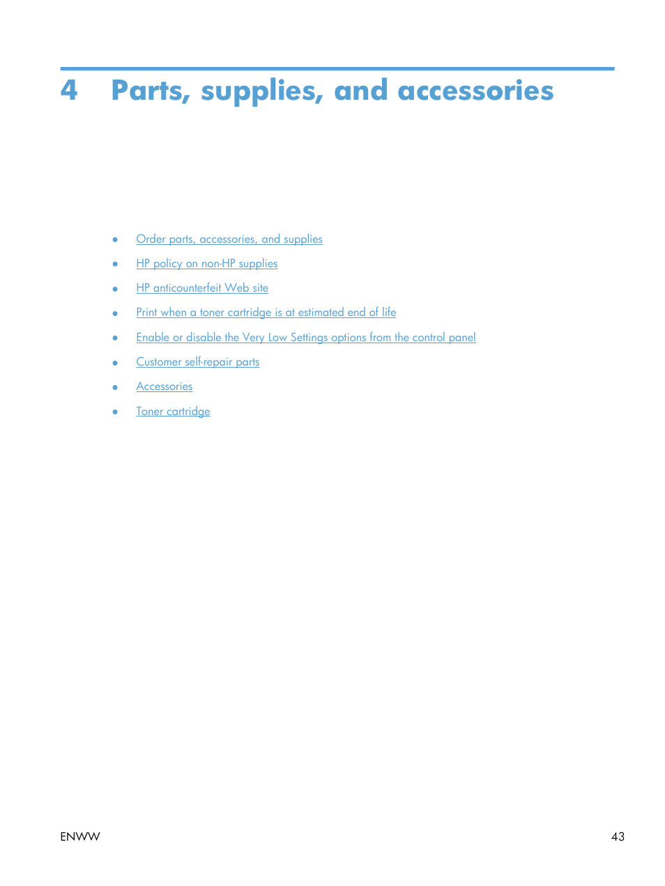 Parts, supplies, and accessories, 4 parts, supplies, and accessories | HP LaserJet Enterprise 700 Printer M712 series User Manual | Page 53 / 186