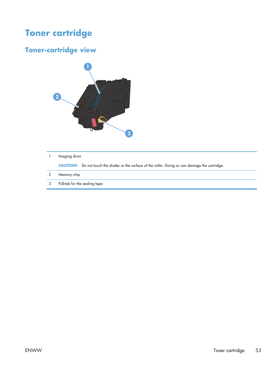 Toner cartridge, Toner-cartridge view | HP LaserJet Enterprise 700 Printer M712 series User Manual | Page 63 / 186