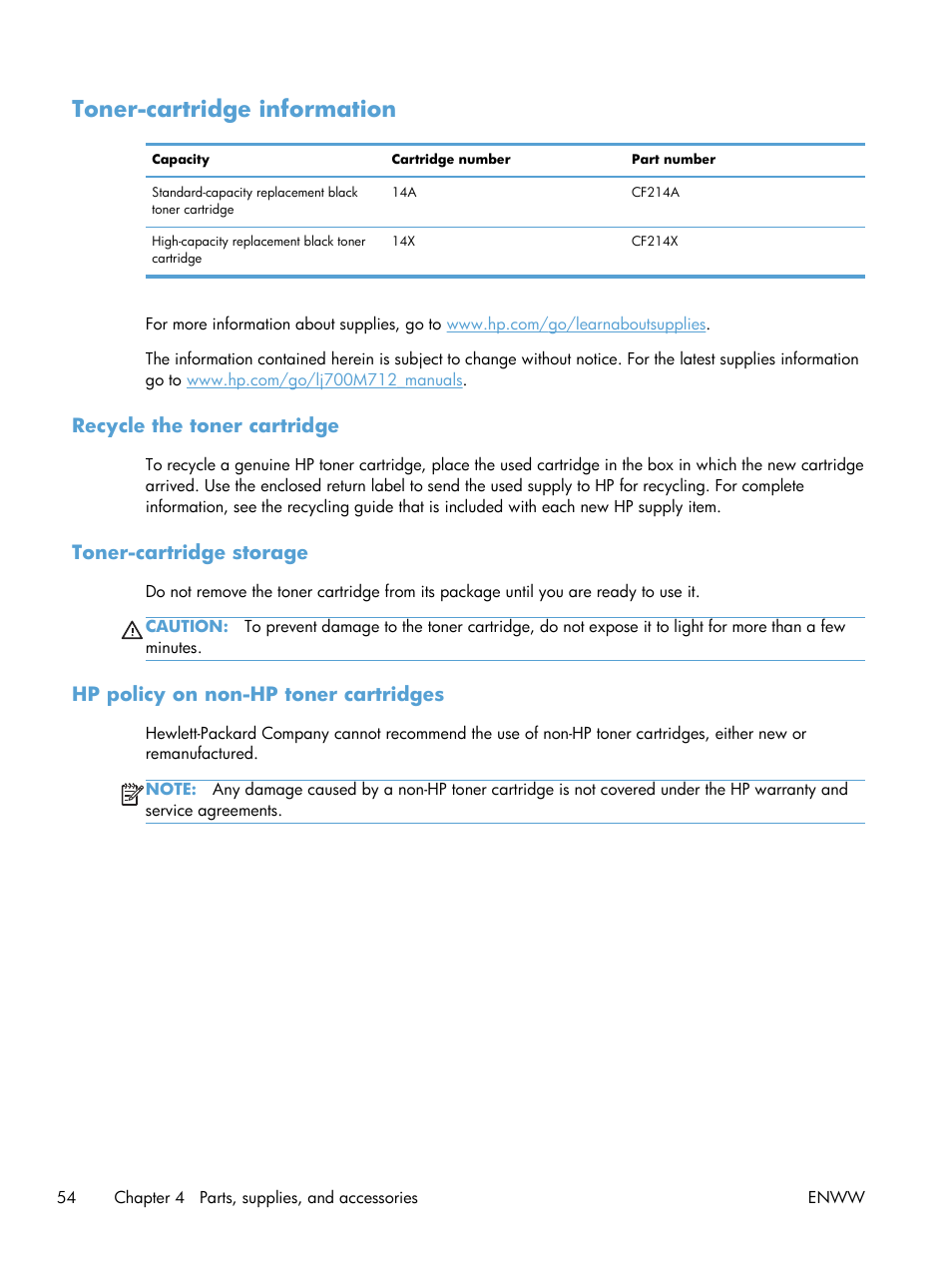 Toner-cartridge information, Recycle the toner cartridge, Toner-cartridge storage | Hp policy on non-hp toner cartridges | HP LaserJet Enterprise 700 Printer M712 series User Manual | Page 64 / 186