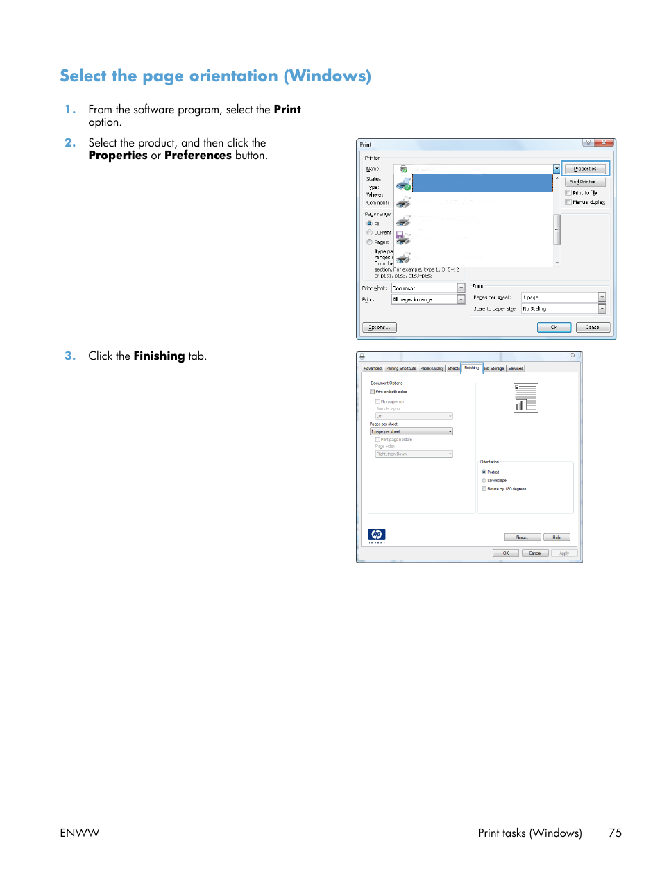 Select the page orientation (windows) | HP LaserJet Enterprise 700 Printer M712 series User Manual | Page 85 / 186