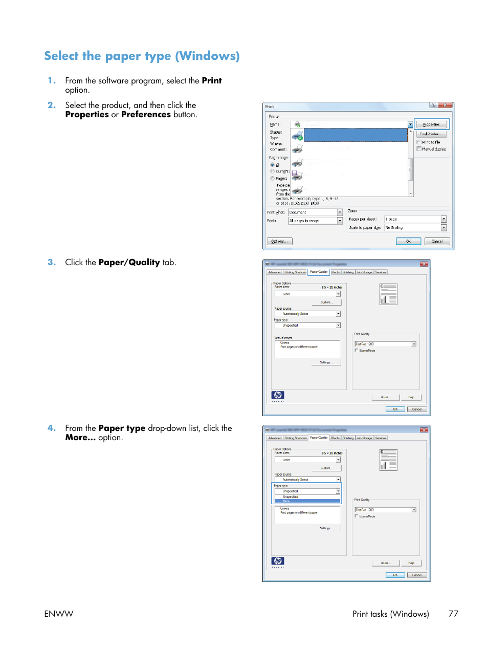 Select the paper type (windows) | HP LaserJet Enterprise 700 Printer M712 series User Manual | Page 87 / 186