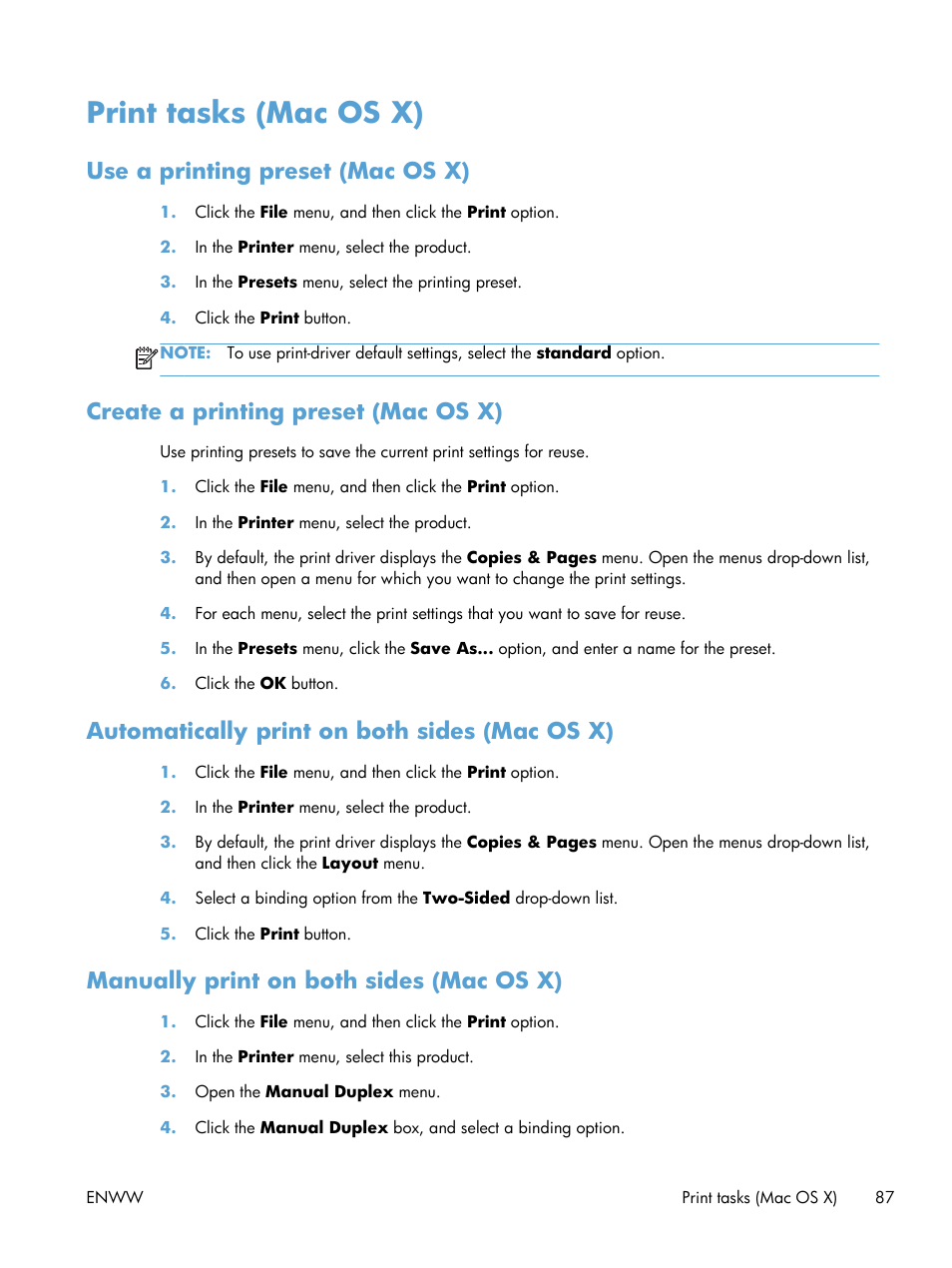 Print tasks (mac os x), Use a printing preset (mac os x), Create a printing preset (mac os x) | Automatically print on both sides (mac os x), Manually print on both sides (mac os x) | HP LaserJet Enterprise 700 Printer M712 series User Manual | Page 97 / 186