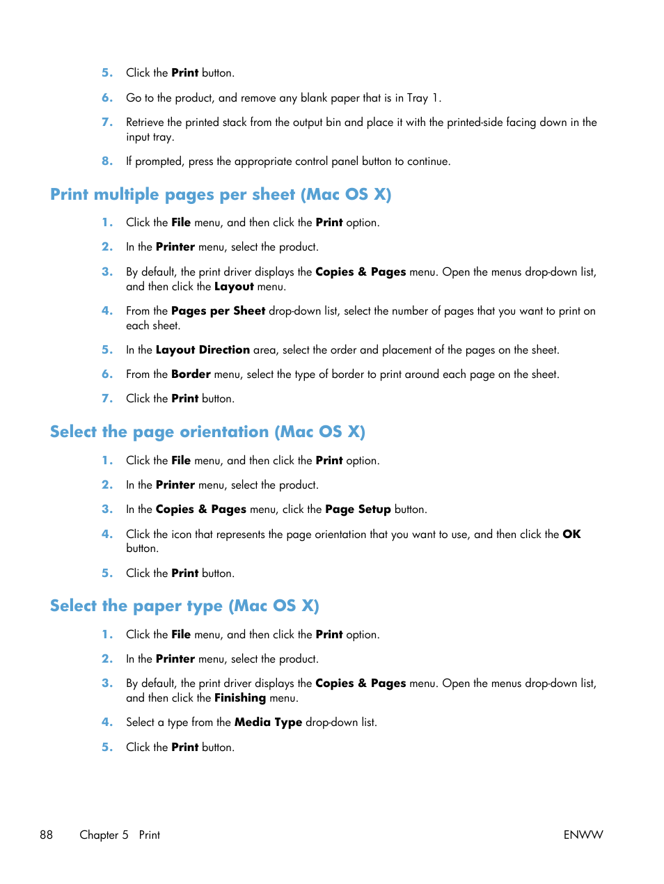 Select the paper type (mac os x), Print multiple pages per sheet (mac os x), Select the page orientation (mac os x) | HP LaserJet Enterprise 700 Printer M712 series User Manual | Page 98 / 186