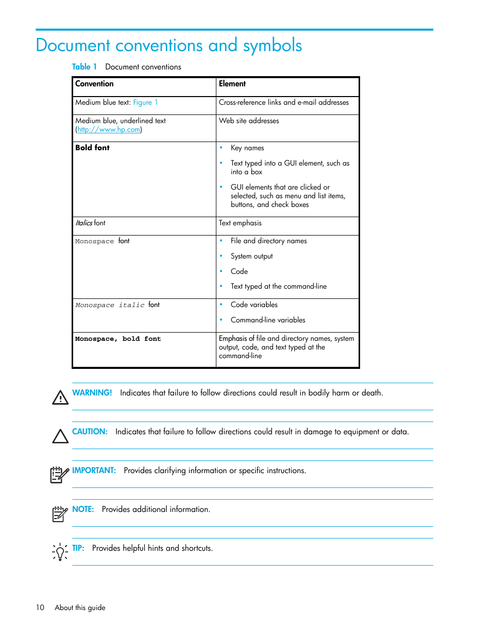 Document conventions and symbols, Table 1 document conventions, 1 document conventions | HP Brocade 4Gb SAN Switch for HP BladeSystem c-Class User Manual | Page 10 / 160