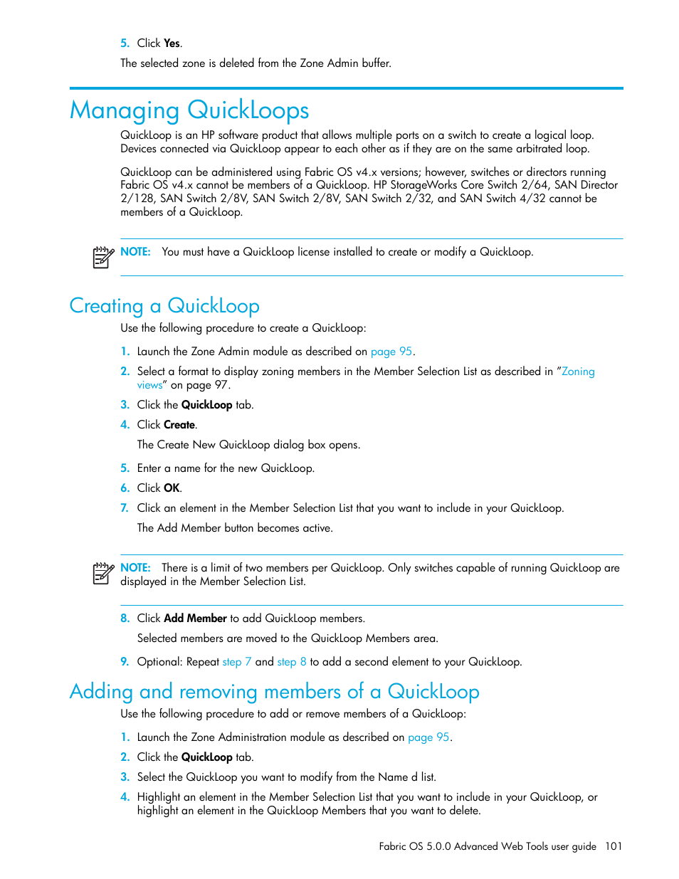 Managing quickloops, Creating a quickloop, Adding and removing members of a quickloop | HP Brocade 4Gb SAN Switch for HP BladeSystem c-Class User Manual | Page 101 / 160