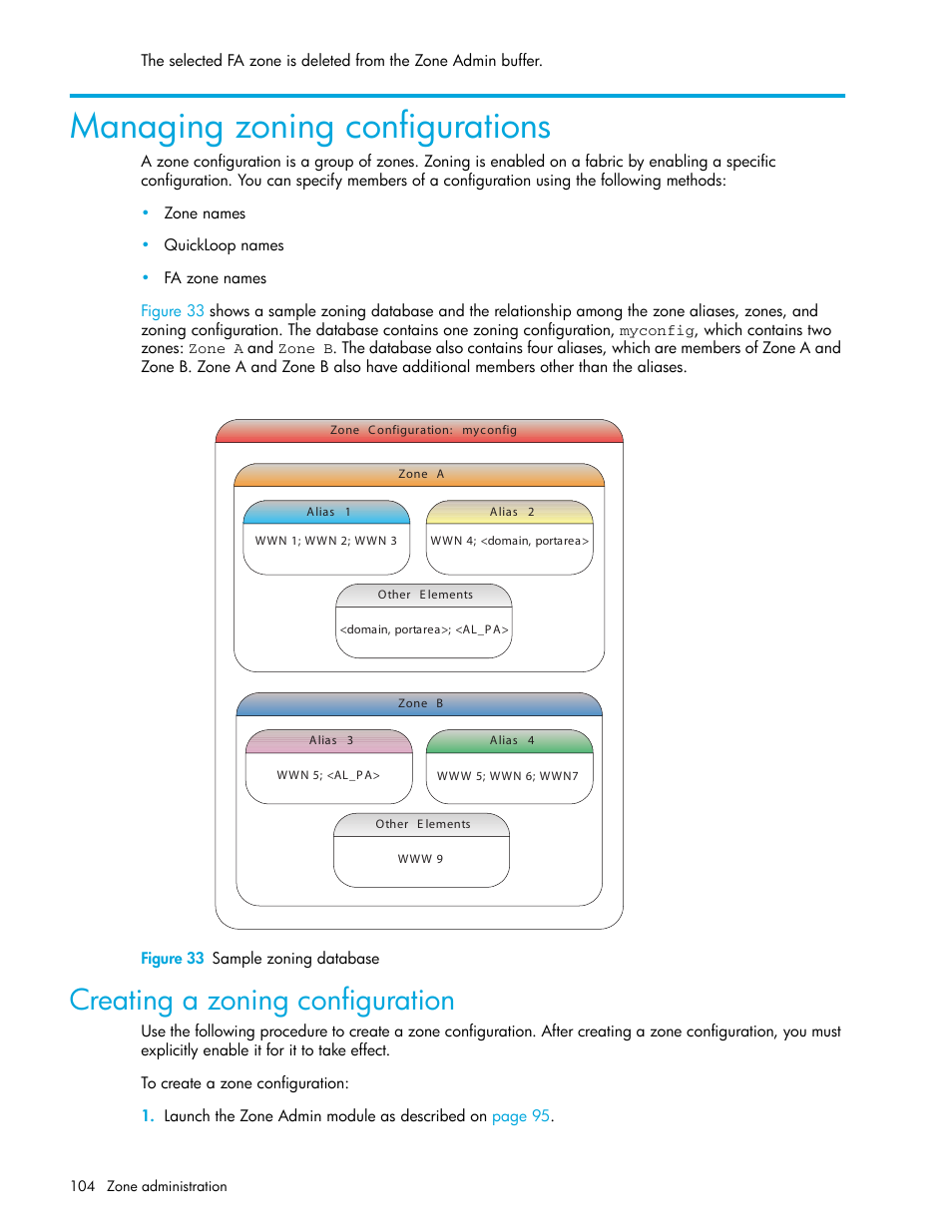 Managing zoning configurations, Figure 33 sample zoning database, Creating a zoning configuration | 33 sample zoning database | HP Brocade 4Gb SAN Switch for HP BladeSystem c-Class User Manual | Page 104 / 160