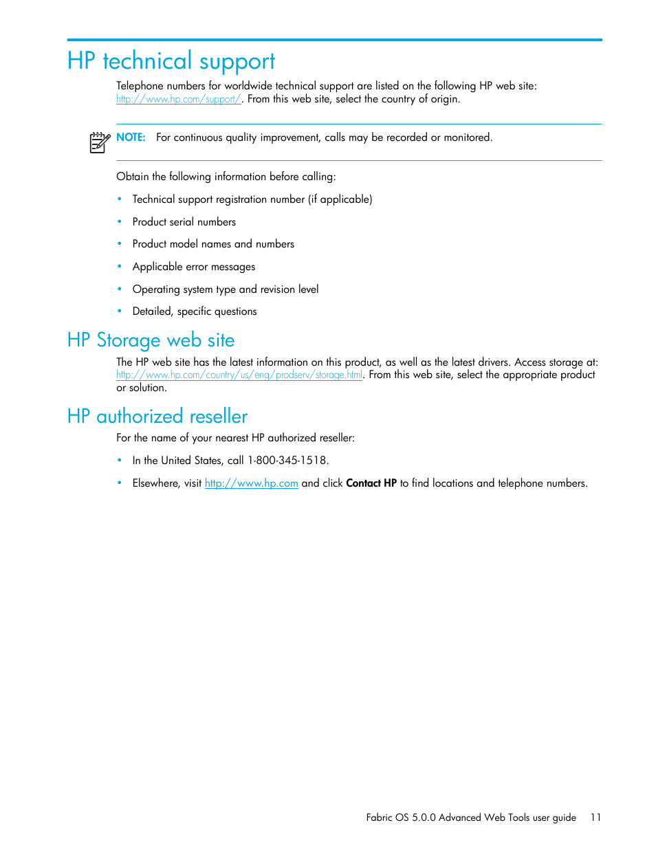 Hp technical support, Hp storage web site, Hp authorized reseller | HP Brocade 4Gb SAN Switch for HP BladeSystem c-Class User Manual | Page 11 / 160