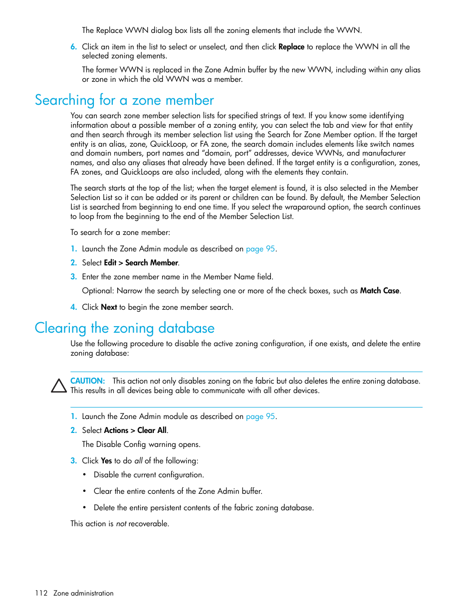Searching for a zone member, Clearing the zoning database | HP Brocade 4Gb SAN Switch for HP BladeSystem c-Class User Manual | Page 112 / 160