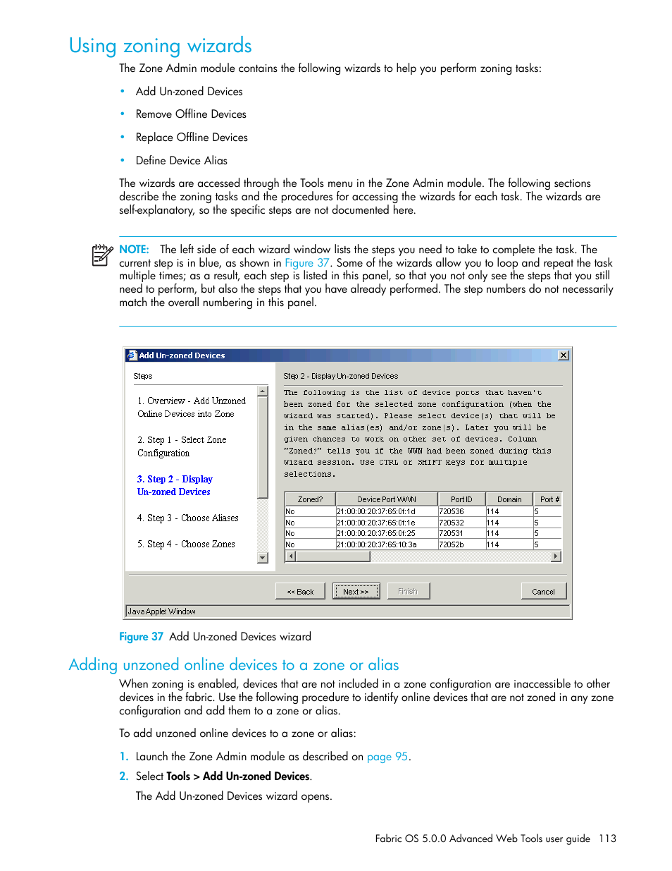 Using zoning wizards, Figure 37 add un-zoned devices wizard, Adding unzoned online devices to a zone or alias | 37 add un-zoned devices wizard | HP Brocade 4Gb SAN Switch for HP BladeSystem c-Class User Manual | Page 113 / 160