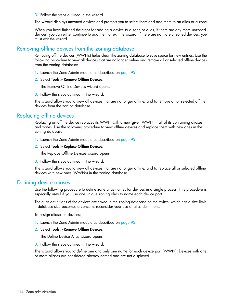 Removing offline devices from the zoning database, Replacing offline devices, Defining device aliases | HP Brocade 4Gb SAN Switch for HP BladeSystem c-Class User Manual | Page 114 / 160