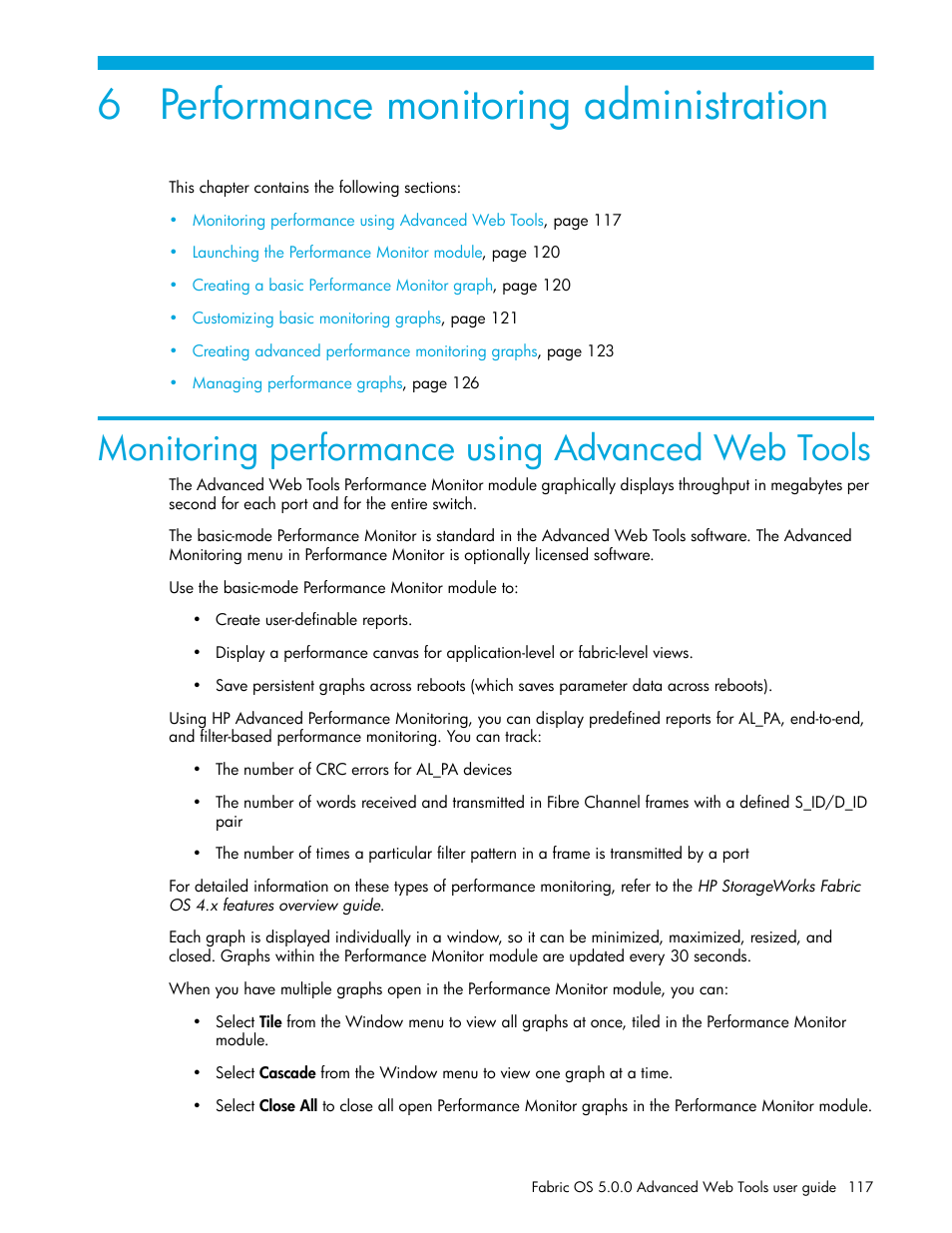 Performance monitoring administration, Monitoring performance using advanced web tools, 6 performance monitoring administration | HP Brocade 4Gb SAN Switch for HP BladeSystem c-Class User Manual | Page 117 / 160