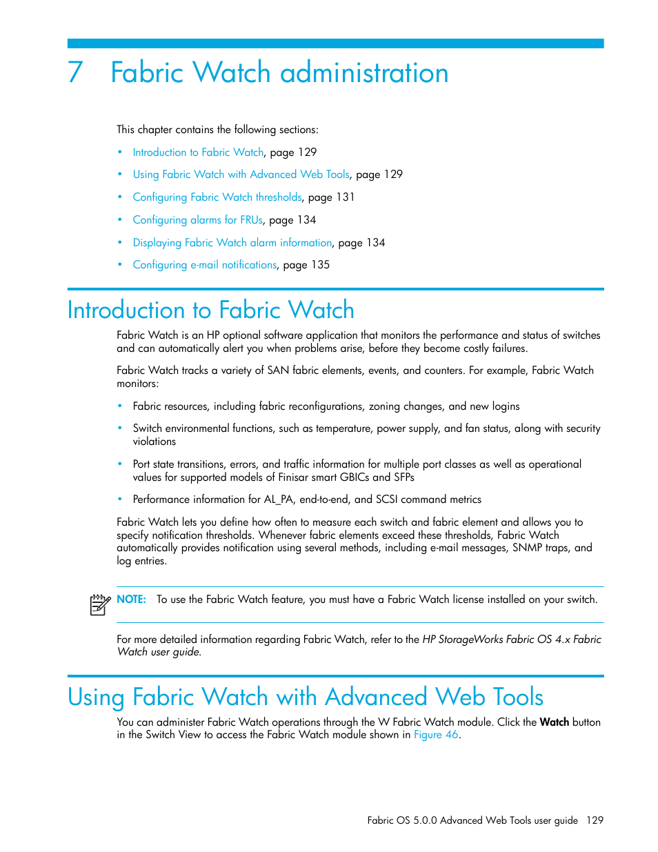 Fabric watch administration, Introduction to fabric watch, Using fabric watch with advanced web tools | 7 fabric watch administration | HP Brocade 4Gb SAN Switch for HP BladeSystem c-Class User Manual | Page 129 / 160