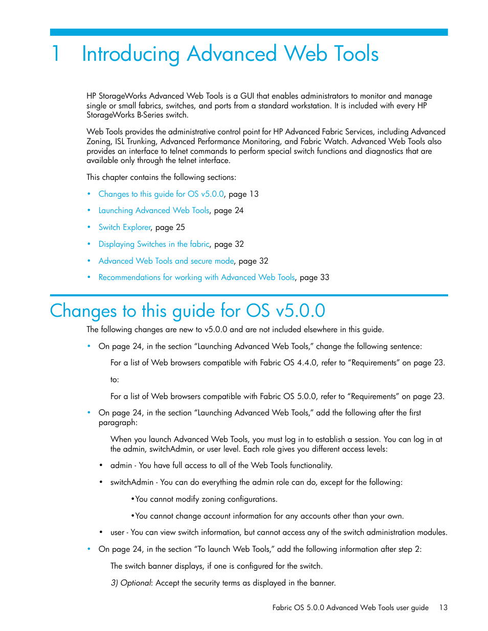 Introducing advanced web tools, Changes to this guide for os v5.0.0, 1 introducing advanced web tools | HP Brocade 4Gb SAN Switch for HP BladeSystem c-Class User Manual | Page 13 / 160
