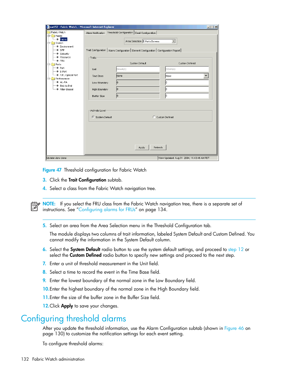 Figure 47 threshold configuration for fabric watch, Configuring threshold alarms, 47 threshold configuration for fabric watch | Figure 47 | HP Brocade 4Gb SAN Switch for HP BladeSystem c-Class User Manual | Page 132 / 160
