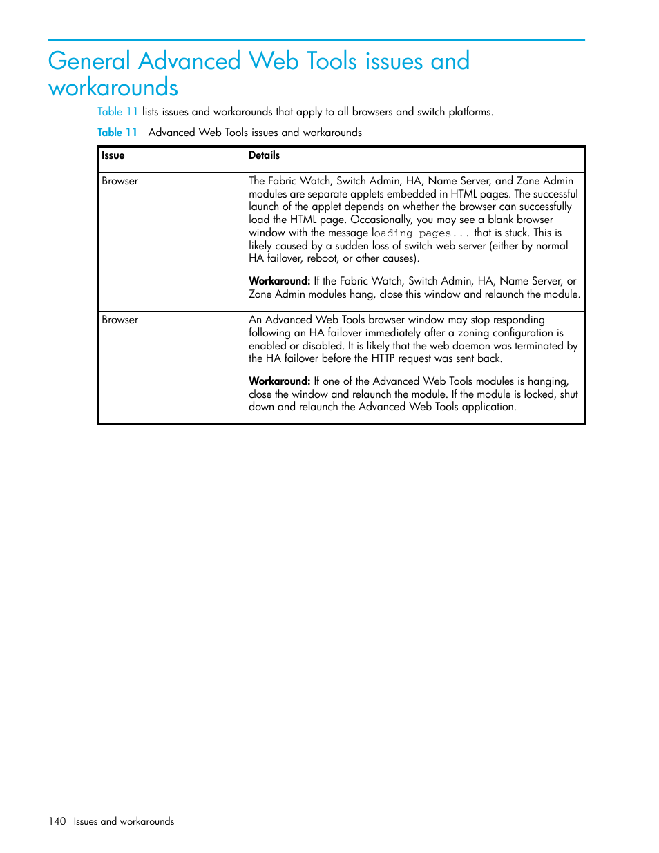 General advanced web tools issues and workarounds, Table 11 advanced web tools issues and workarounds, 11 advanced web tools issues and workarounds | Table 11, Figure 11 | HP Brocade 4Gb SAN Switch for HP BladeSystem c-Class User Manual | Page 140 / 160