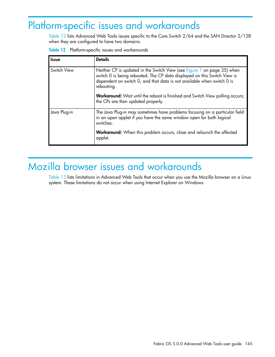 Platform-specific issues and workarounds, Table 12 platform-specific issues and workarounds, Mozilla browser issues and workarounds | 12 platform-specific issues and workarounds | HP Brocade 4Gb SAN Switch for HP BladeSystem c-Class User Manual | Page 145 / 160