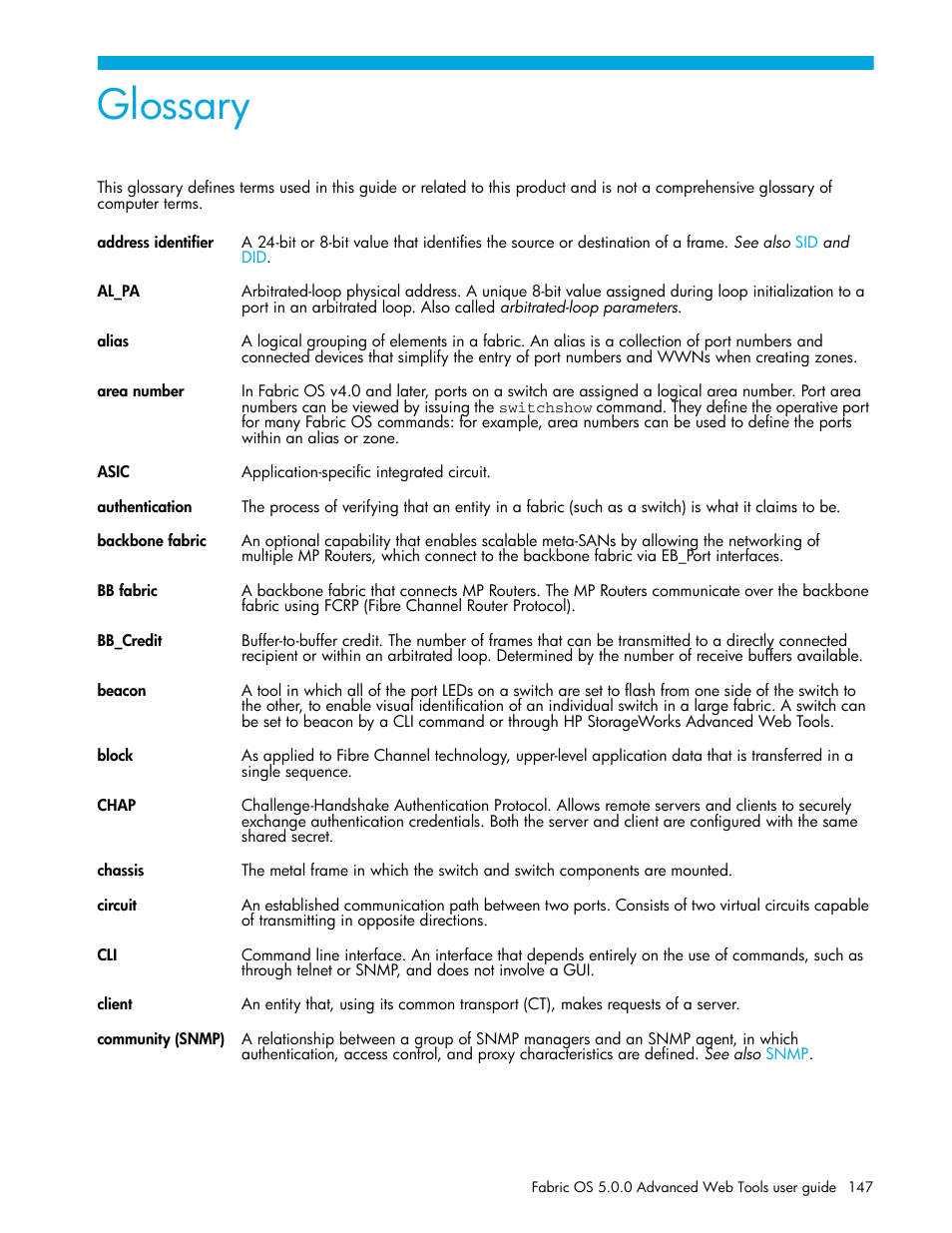 Glossary | HP Brocade 4Gb SAN Switch for HP BladeSystem c-Class User Manual | Page 147 / 160