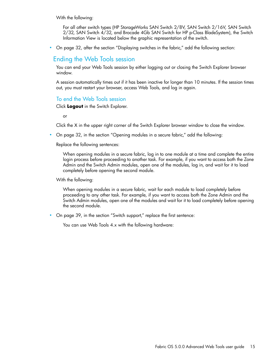 Ending the web tools session, To end the web tools session | HP Brocade 4Gb SAN Switch for HP BladeSystem c-Class User Manual | Page 15 / 160
