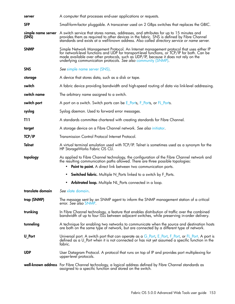 Snmp, Topology, Target | Simple name server (sns) | HP Brocade 4Gb SAN Switch for HP BladeSystem c-Class User Manual | Page 153 / 160