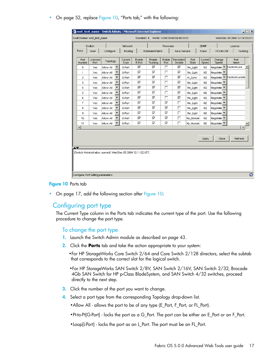 Figure 10 ports tab, Configuring port type, To change the port type | HP Brocade 4Gb SAN Switch for HP BladeSystem c-Class User Manual | Page 17 / 160