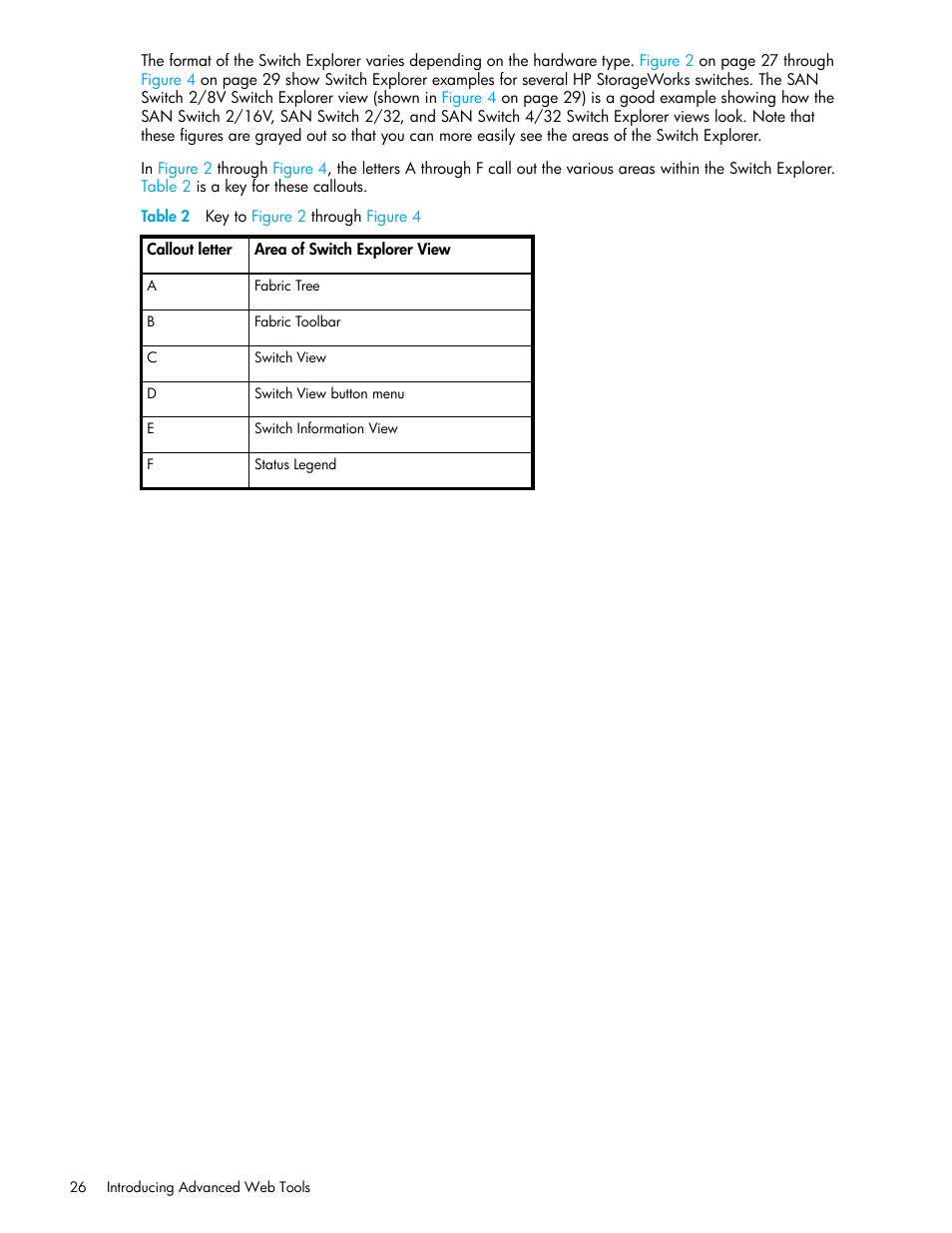 Table 2 key to figure 2 through figure 4, 2 key | HP Brocade 4Gb SAN Switch for HP BladeSystem c-Class User Manual | Page 26 / 160