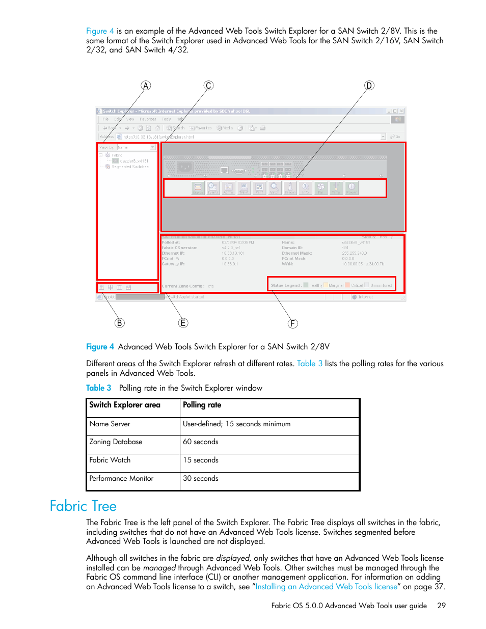 Table 3 polling rate in the switch explorer window, Fabric tree, 3 polling rate in the switch explorer window | Figure 4, The let | HP Brocade 4Gb SAN Switch for HP BladeSystem c-Class User Manual | Page 29 / 160