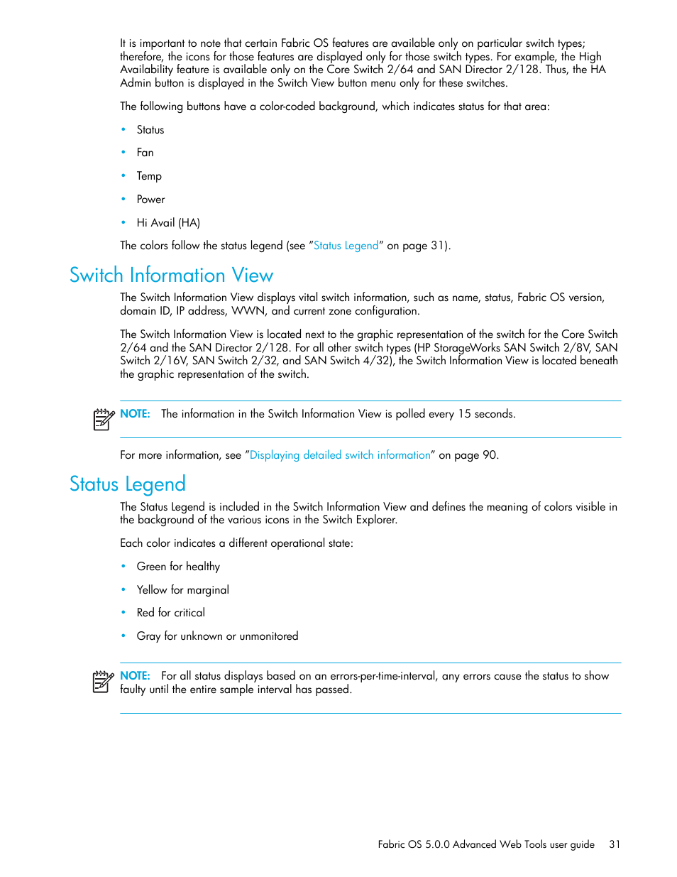 Switch information view, Status legend | HP Brocade 4Gb SAN Switch for HP BladeSystem c-Class User Manual | Page 31 / 160