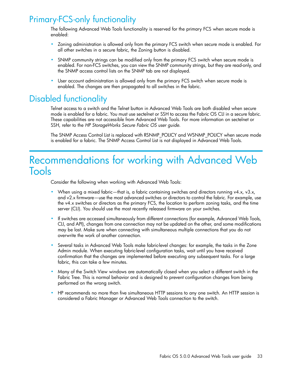 Primary-fcs-only functionality, Disabled functionality | HP Brocade 4Gb SAN Switch for HP BladeSystem c-Class User Manual | Page 33 / 160