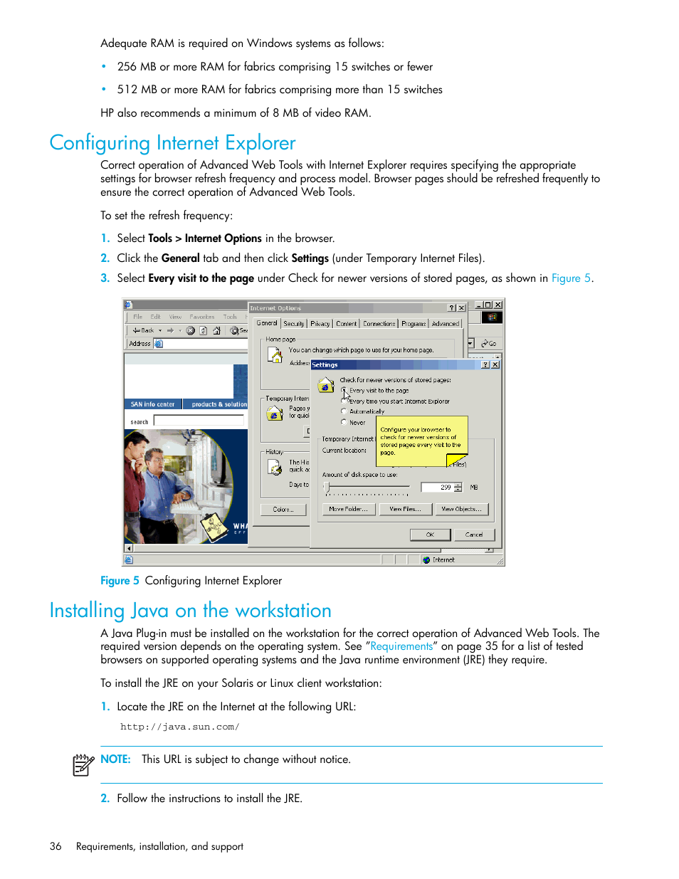 Configuring internet explorer, Figure 5 configuring internet explorer, Installing java on the workstation | 5 configuring internet explorer | HP Brocade 4Gb SAN Switch for HP BladeSystem c-Class User Manual | Page 36 / 160