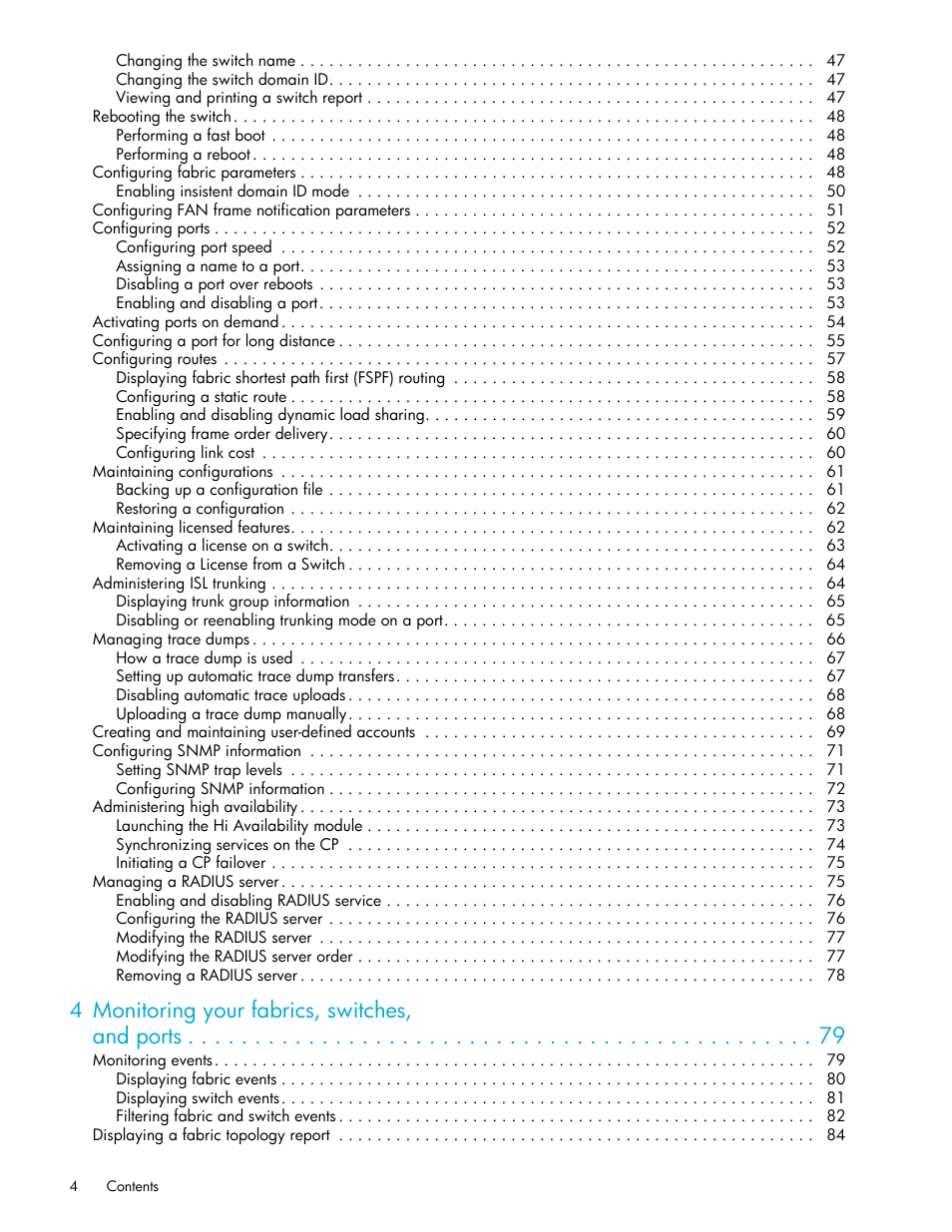 4 monitoring your fabrics, switches, and ports | HP Brocade 4Gb SAN Switch for HP BladeSystem c-Class User Manual | Page 4 / 160