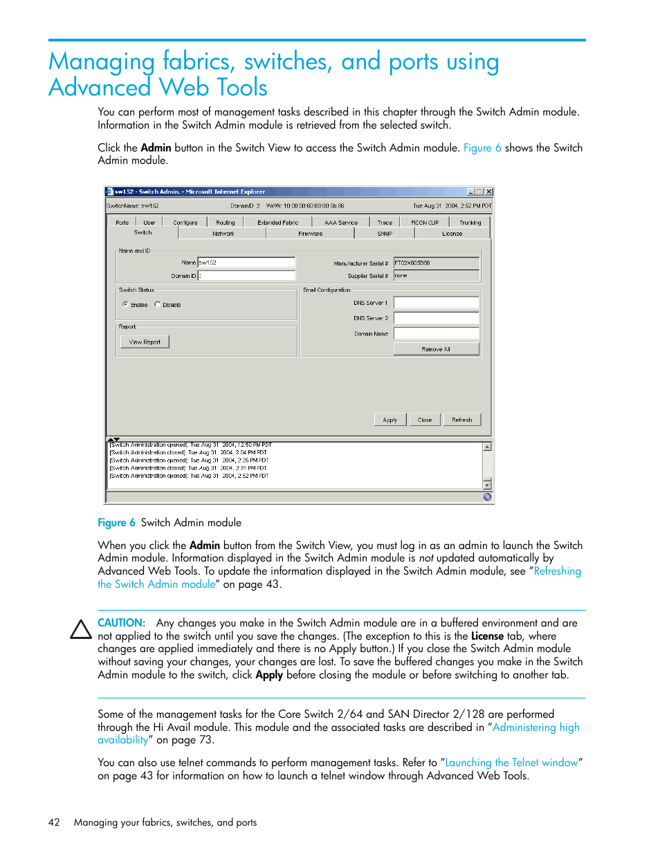 Figure 6 switch admin module, 6 switch admin module | HP Brocade 4Gb SAN Switch for HP BladeSystem c-Class User Manual | Page 42 / 160
