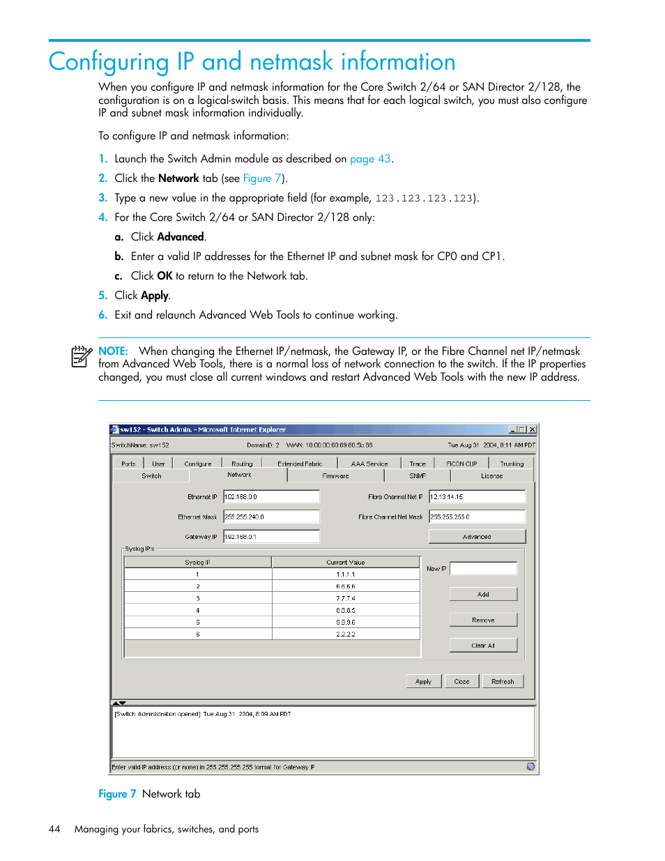 Configuring ip and netmask information, Figure 7 network tab, 7 network tab | HP Brocade 4Gb SAN Switch for HP BladeSystem c-Class User Manual | Page 44 / 160