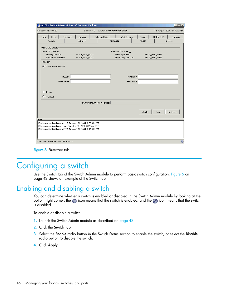 Figure 8 firmware tab, Configuring a switch, Enabling and disabling a switch | 8 firmware tab, Figure 8 | HP Brocade 4Gb SAN Switch for HP BladeSystem c-Class User Manual | Page 46 / 160