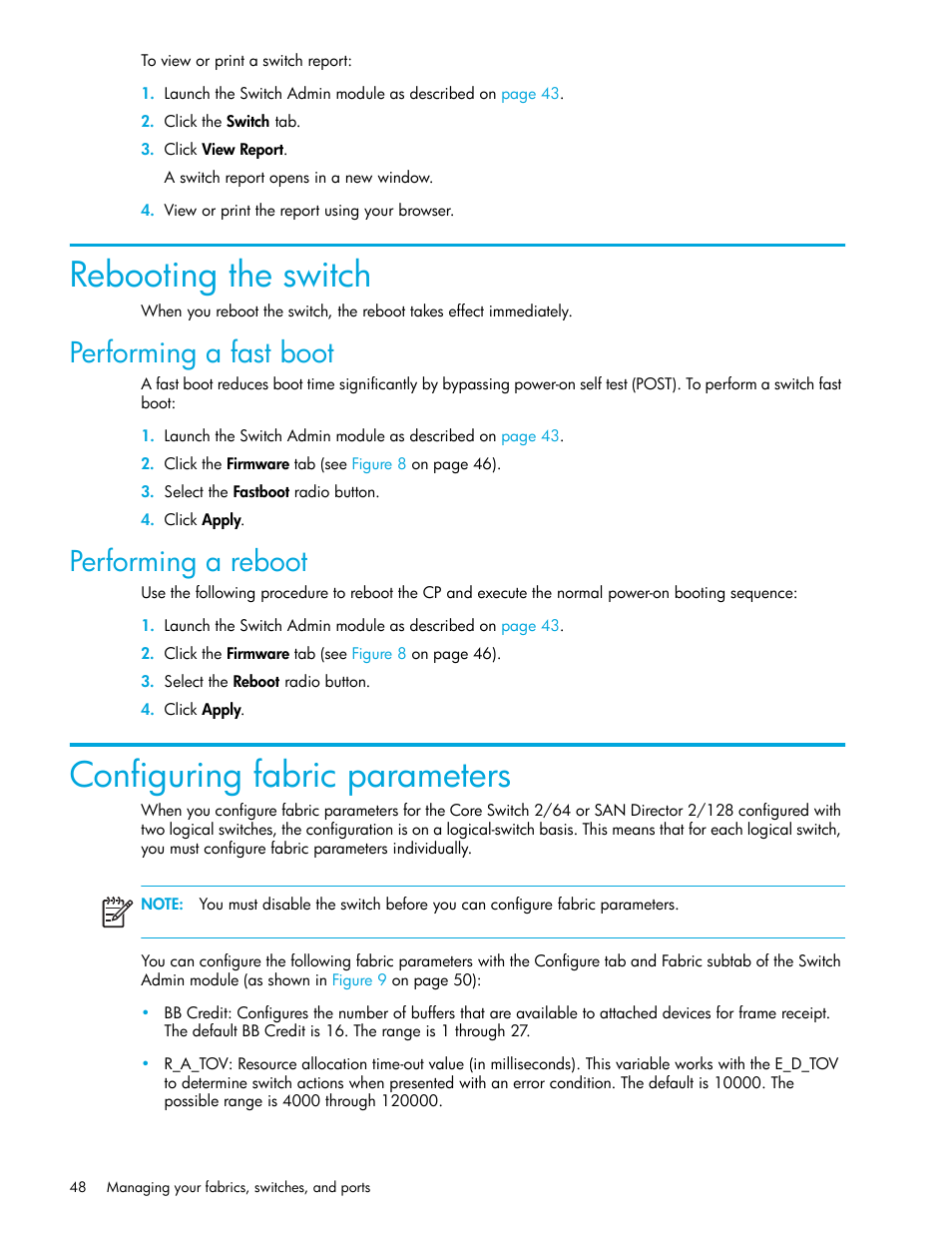 Rebooting the switch, Performing a fast boot, Performing a reboot | Configuring fabric parameters | HP Brocade 4Gb SAN Switch for HP BladeSystem c-Class User Manual | Page 48 / 160