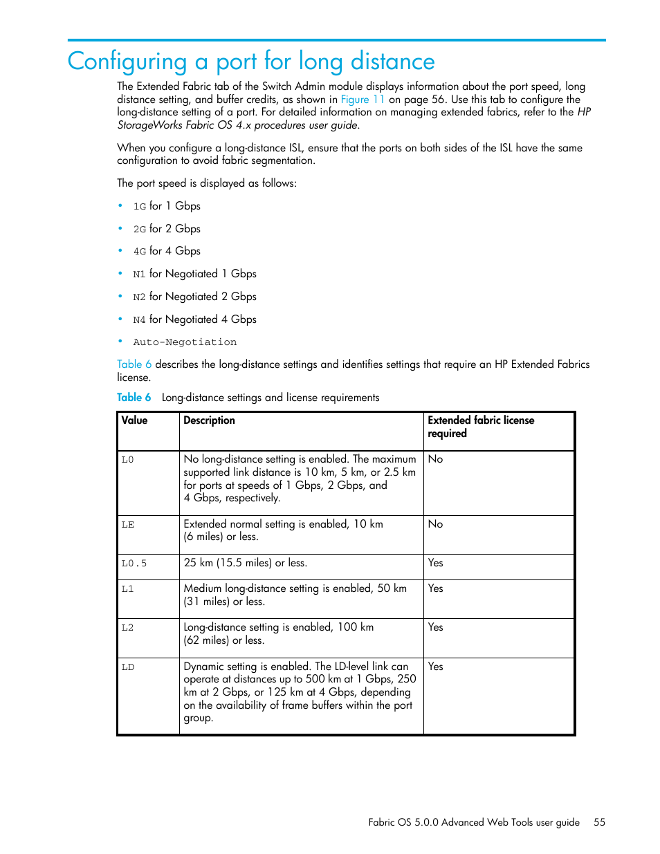 Configuring a port for long distance, 6 long-distance settings and license requirements | HP Brocade 4Gb SAN Switch for HP BladeSystem c-Class User Manual | Page 55 / 160